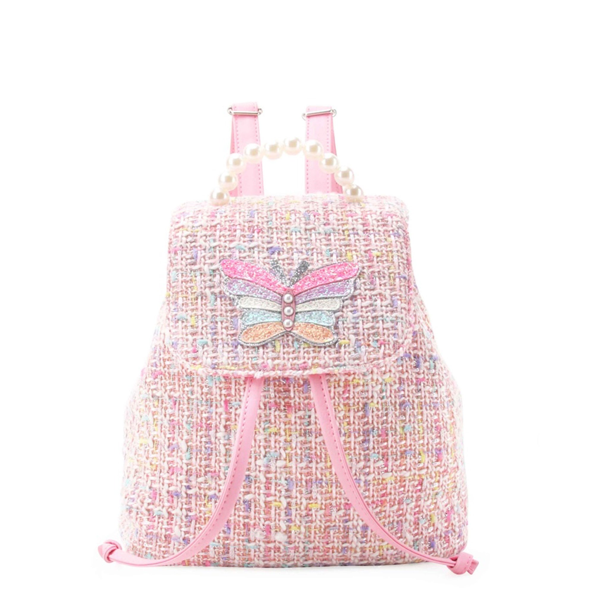 front facing view of a pink tweed flap top mini backpack with a pearl top handle and glitter butterfly appliqué on the front flap