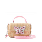 front view of a straw top handle mini bag with a sequin filled butterfly 