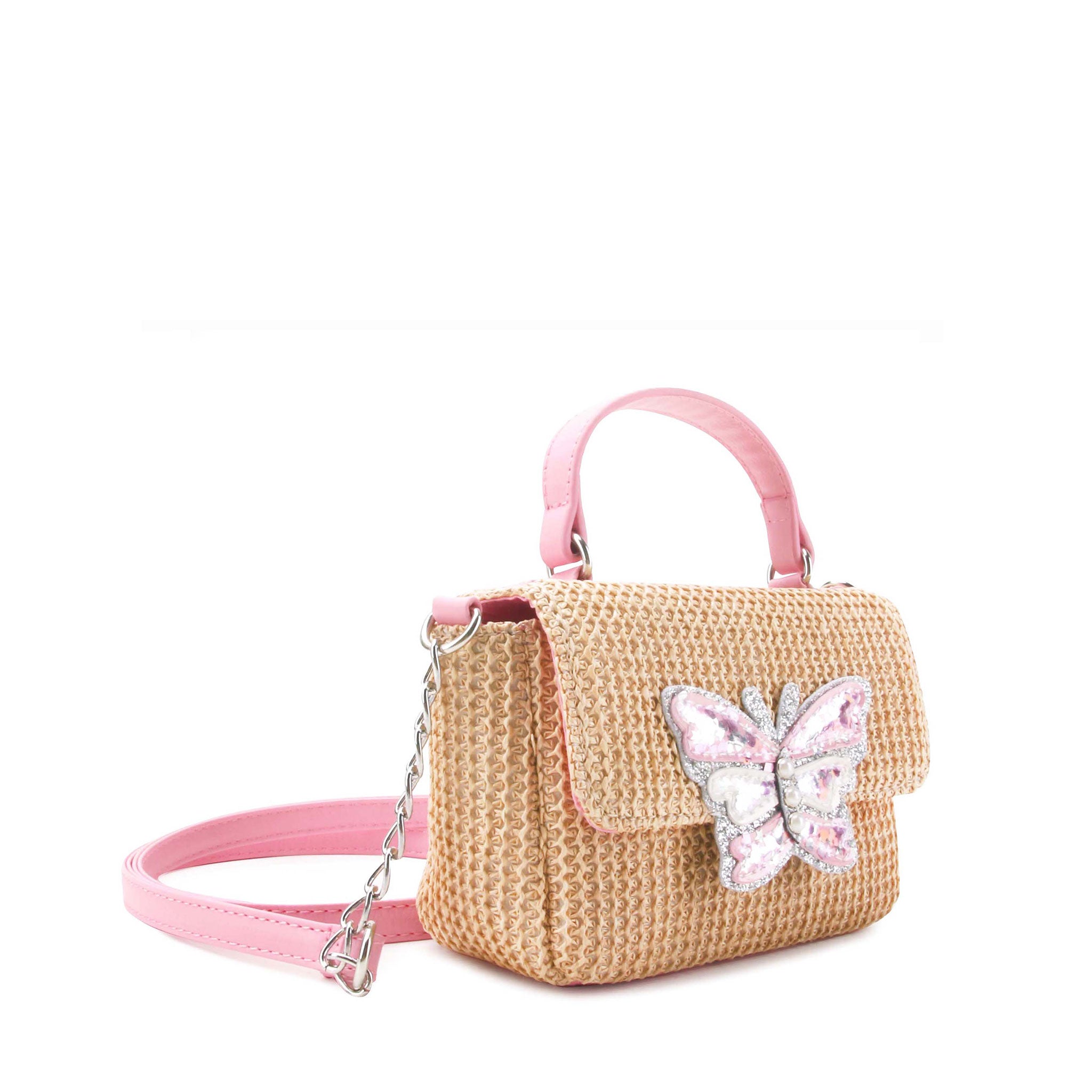 side view of a straw top handle mini bag with a sequin filled butterfly 