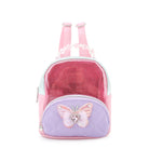 front view of clear sparkly micro mini backpack with vinyl color blocking, a metallic butterfly applique, & a beaded top handle