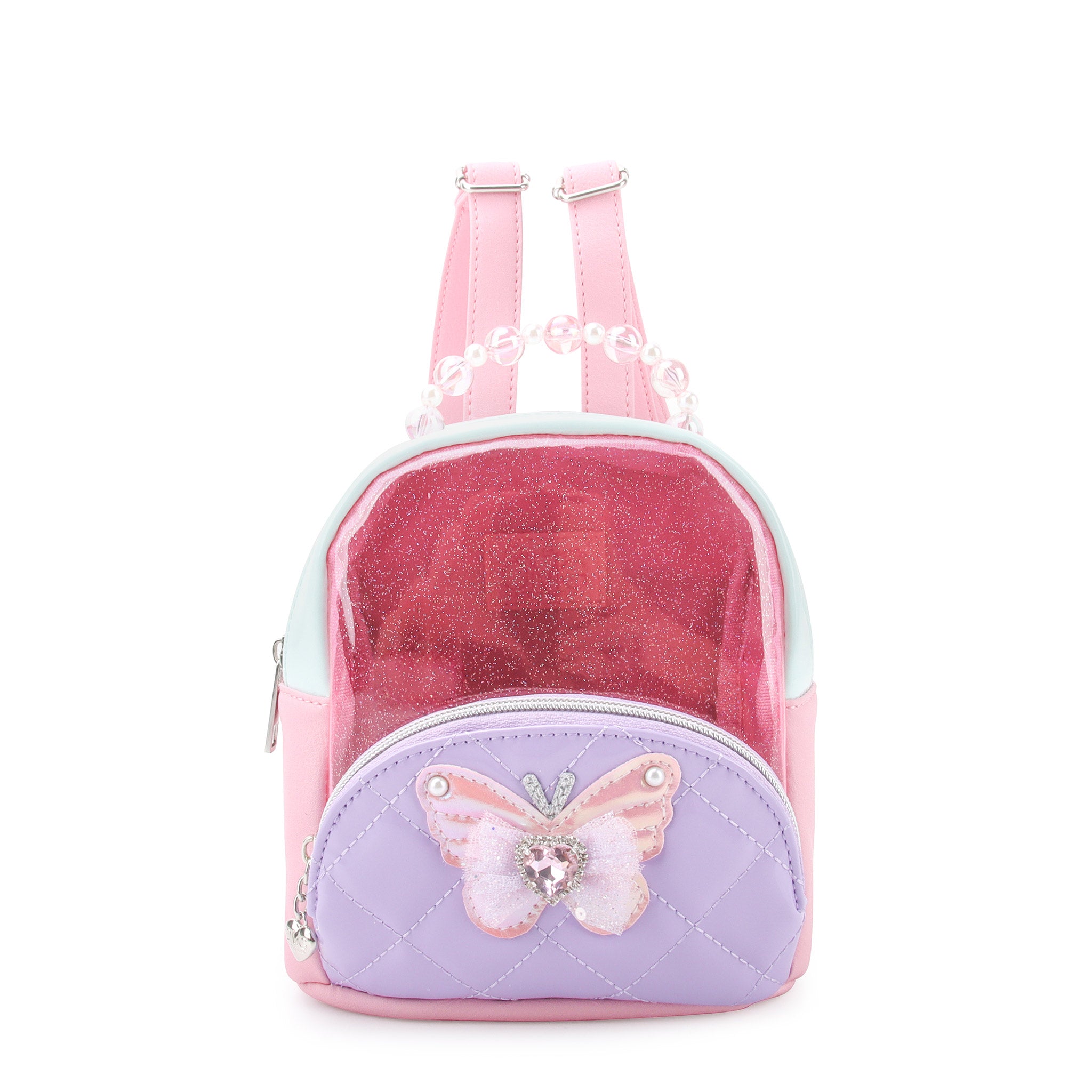 front view of clear sparkly micro mini backpack with vinyl color blocking, a metallic butterfly applique, & a beaded top handle