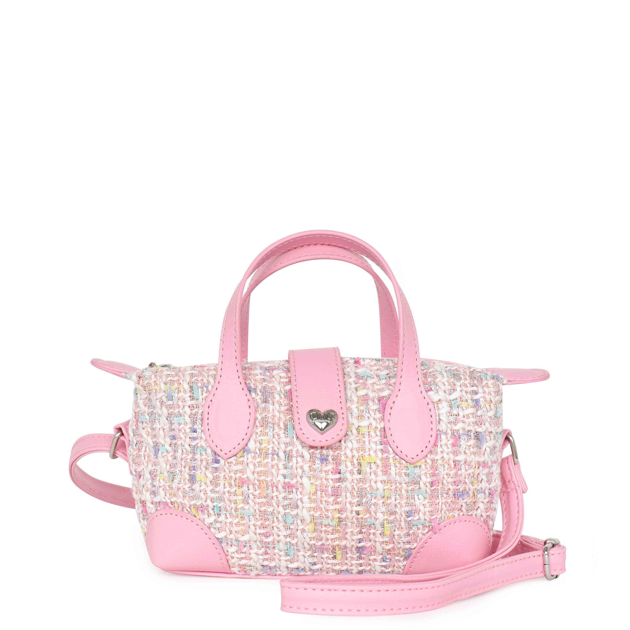 Pink tweed handbag with a heart shaped button closure and faux leather patches