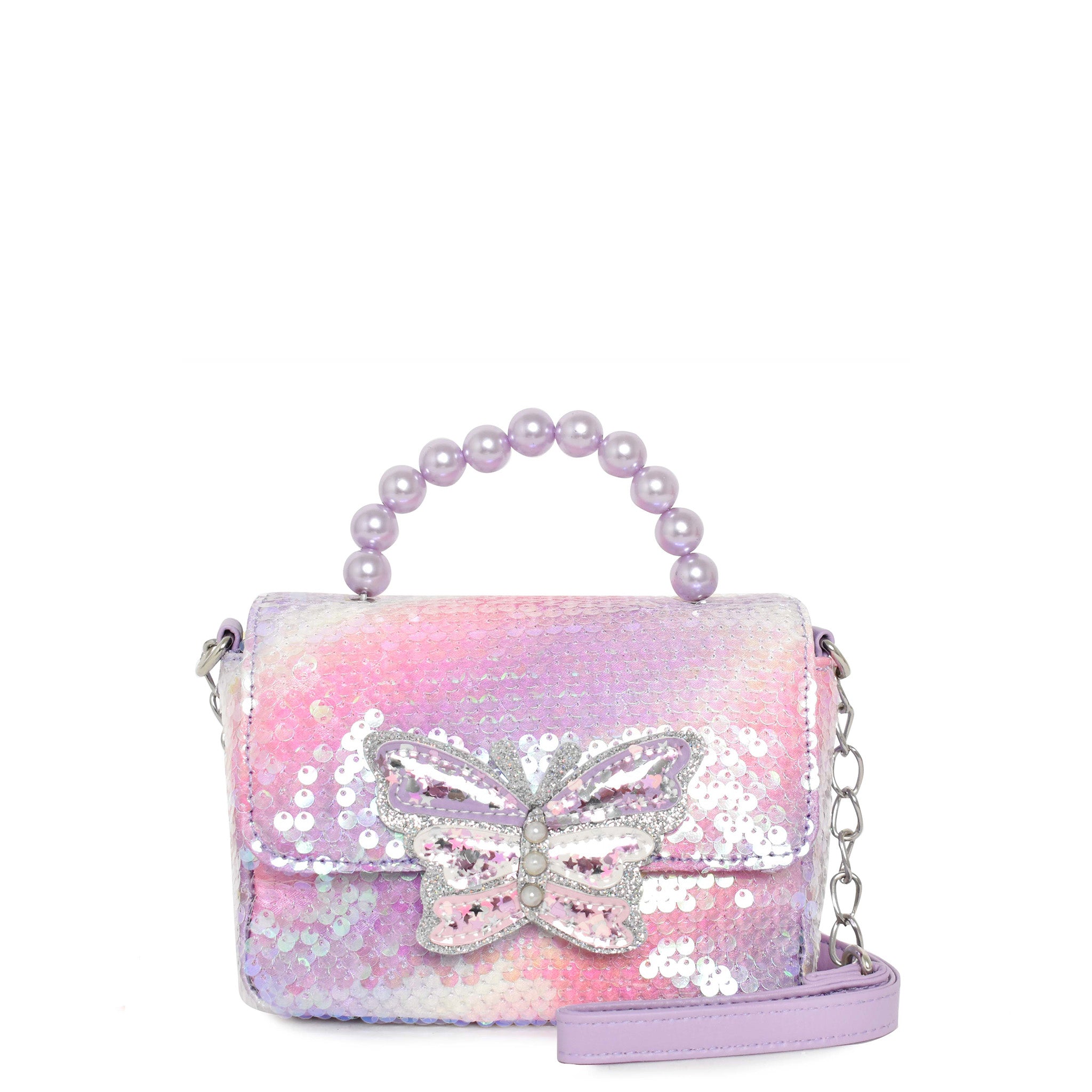 front view of an ombre sequin flap front crossbody with a confetti filled butterfly closure appliqué. Purple pearl beaded top handle