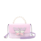 front view of a colorblocked vinyl flap front crossbody  with a pearl beaded top handle with a glitter butterfly appliqué 