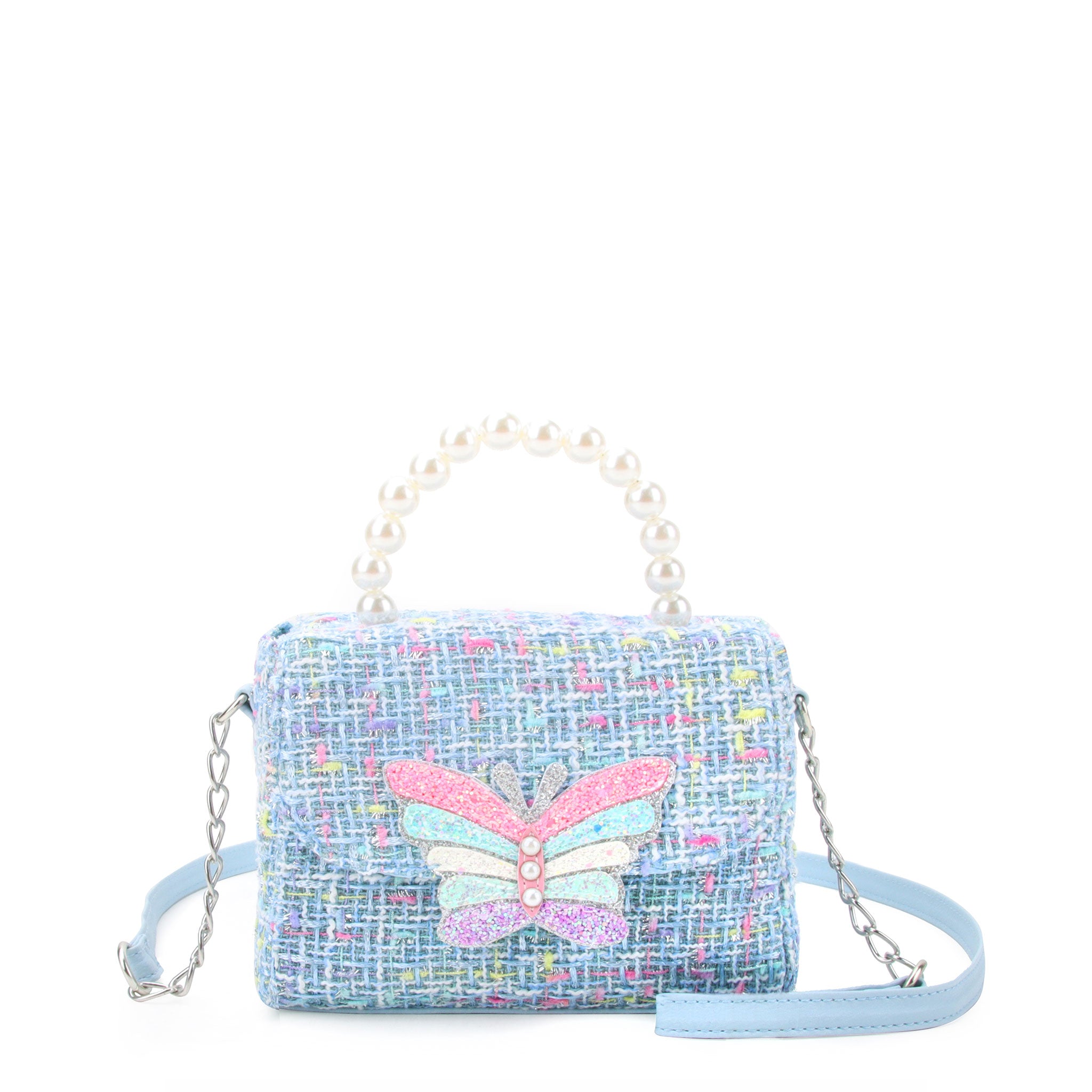 front facing view of a blue tweed mini bag with a pearl handle and glitter butterfly appliqué on the front flap