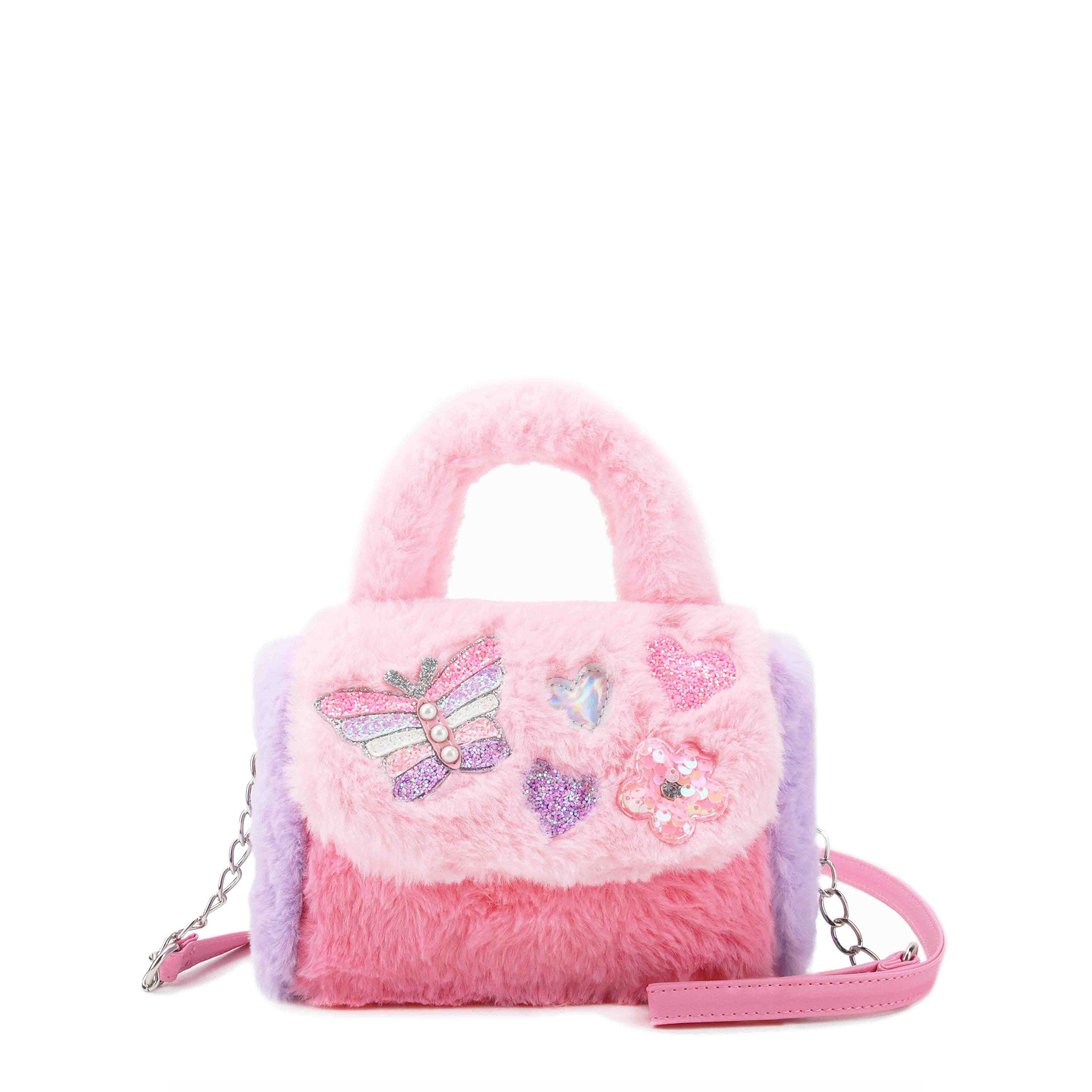 Pink and purple color blocked plush bag with glitter butterfly, heart, and daisy appliqués 