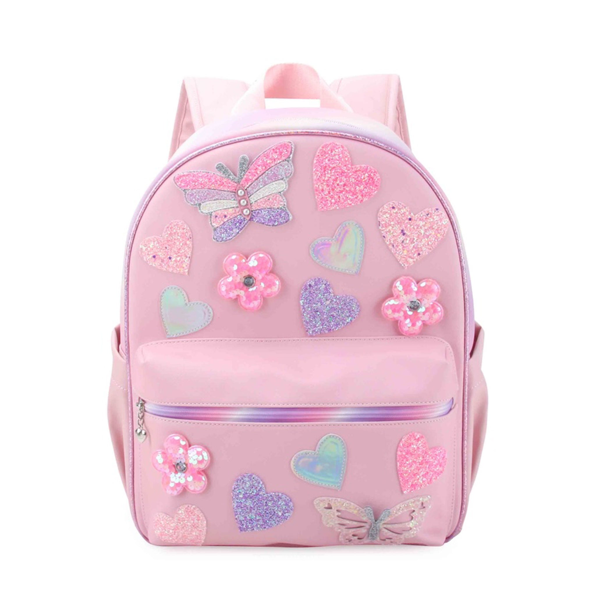 front facing view of a large pink backpack with a front zipper closure pocket and glitter butterfly, heart, and flower appliqués 