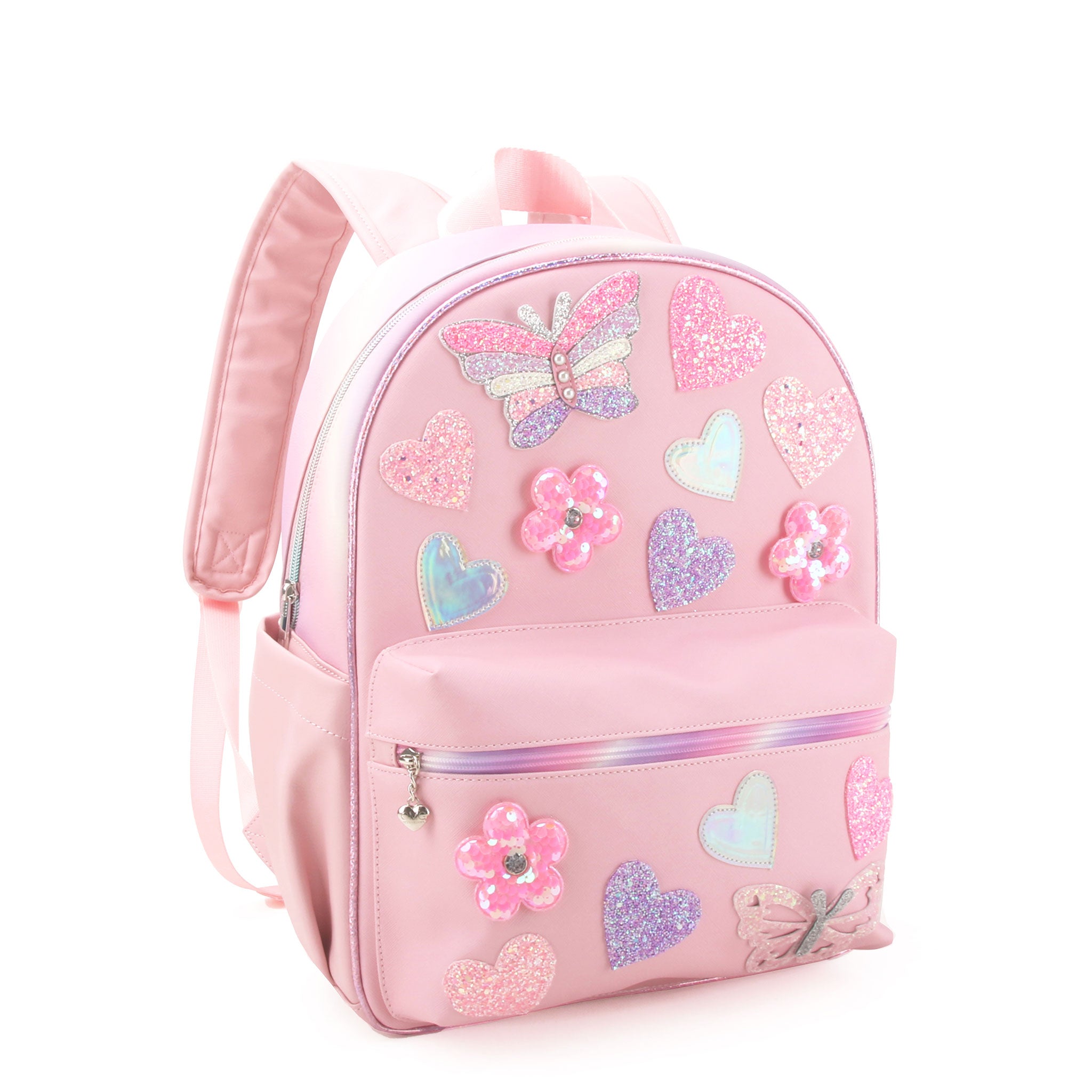 side view of a large pink backpack with a front zipper closure pocket and glitter butterfly, heart, and flower appliqués 