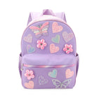front facing view of a large purple backpack with a front zipper closure pocket and glitter butterfly, heart, and flower appliqués 