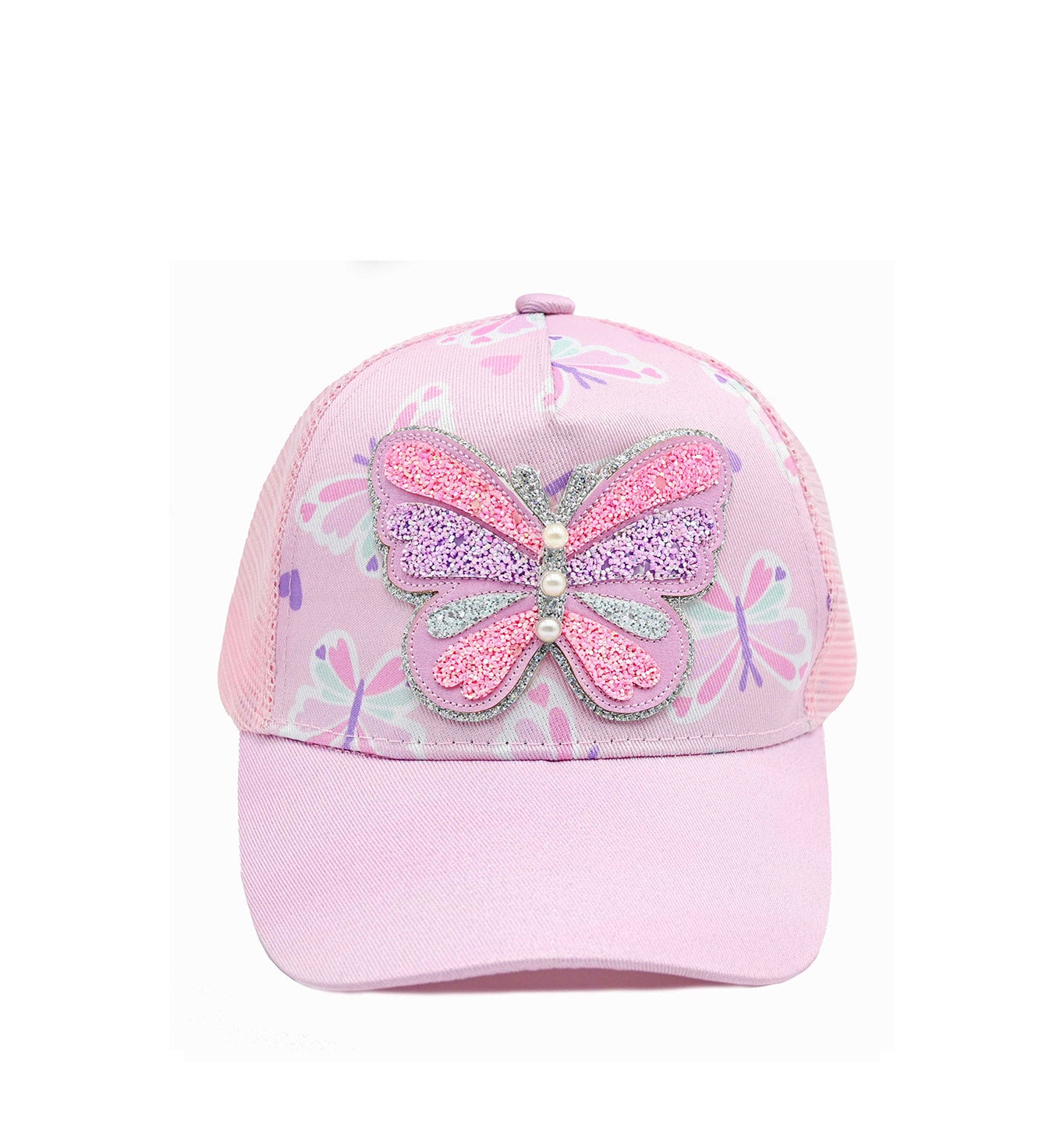front view of a pink butterfly printed trucker hat with a glitter butterfly appliqué 