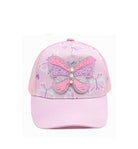 front view of a pink butterfly printed trucker hat with a glitter butterfly appliqué 