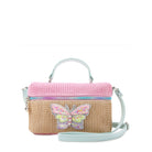 Front view of a colorblocked straw mini top handle crossbody bag with a confetti filled clear butterfly applique