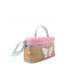 side view of a colorblocked straw mini top handle crossbody bag with a confetti filled clear butterfly applique