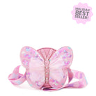 front view of a Pink butterfly-shaped crossbody bag with colorful confetti & tulle detailing 