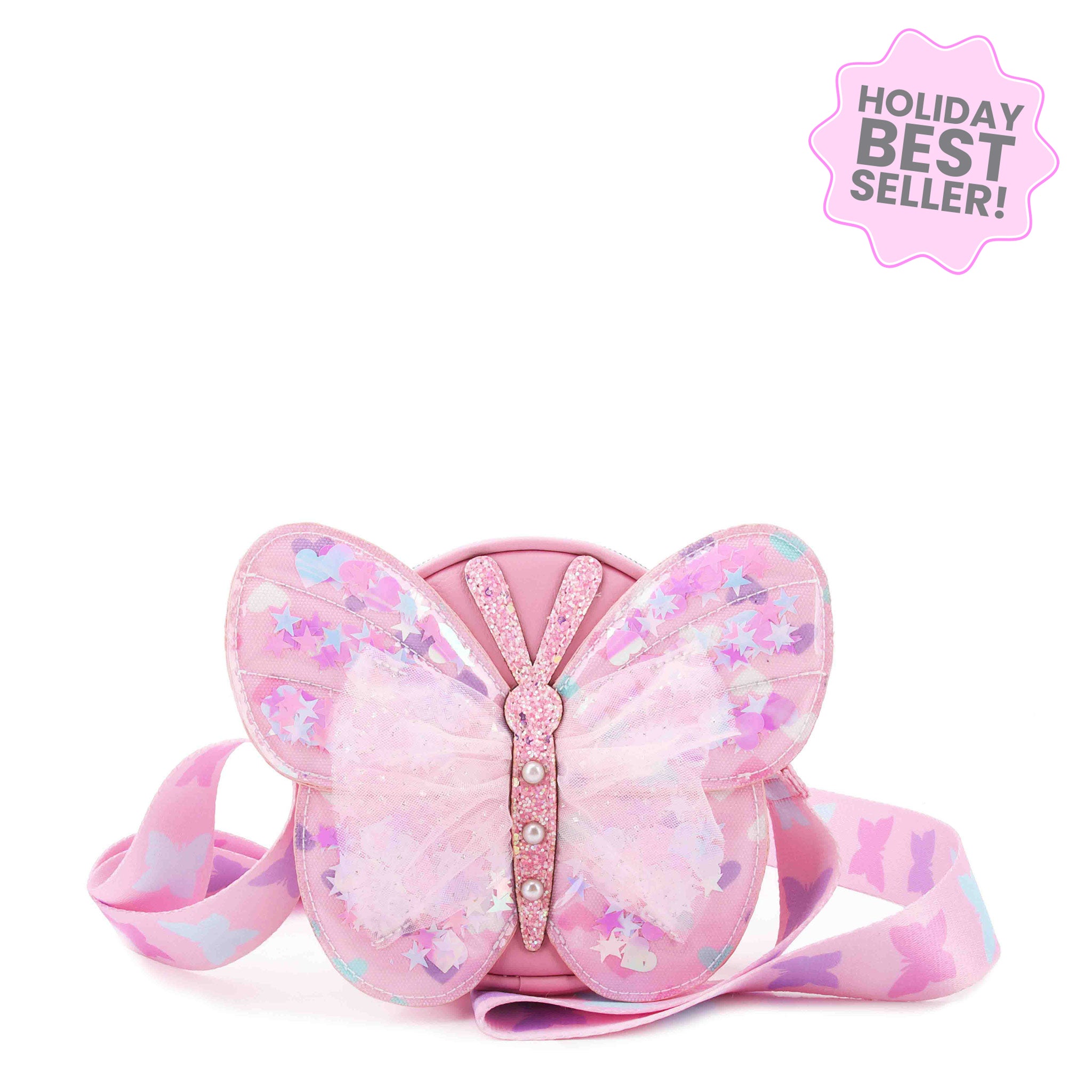 front view of a Pink butterfly-shaped crossbody bag with colorful confetti & tulle detailing 