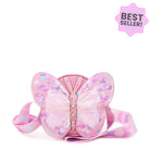 front view of a Pink butterfly-shaped crossbody bag with colorful confetti & tulle detailing 