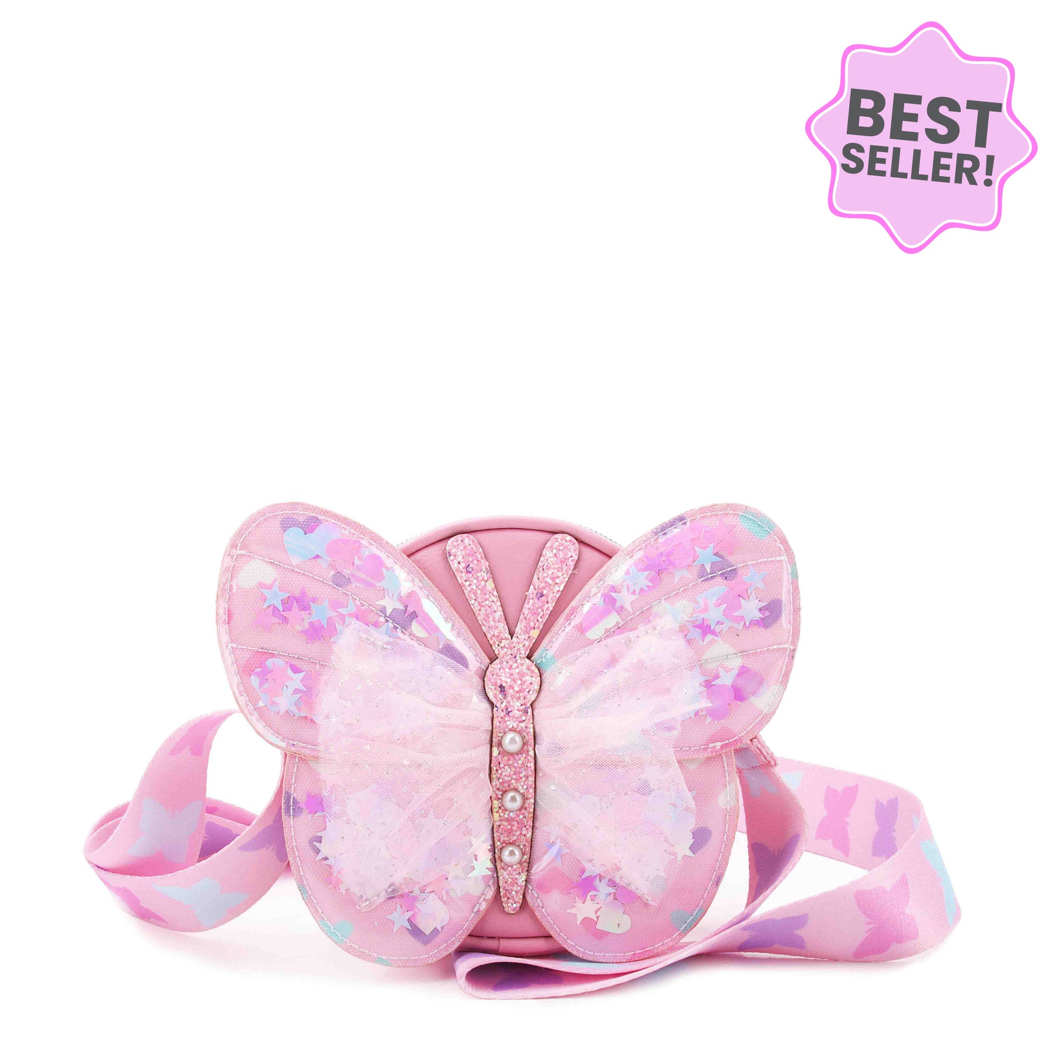front view of a Pink butterfly-shaped crossbody bag with colorful confetti & tulle detailing 