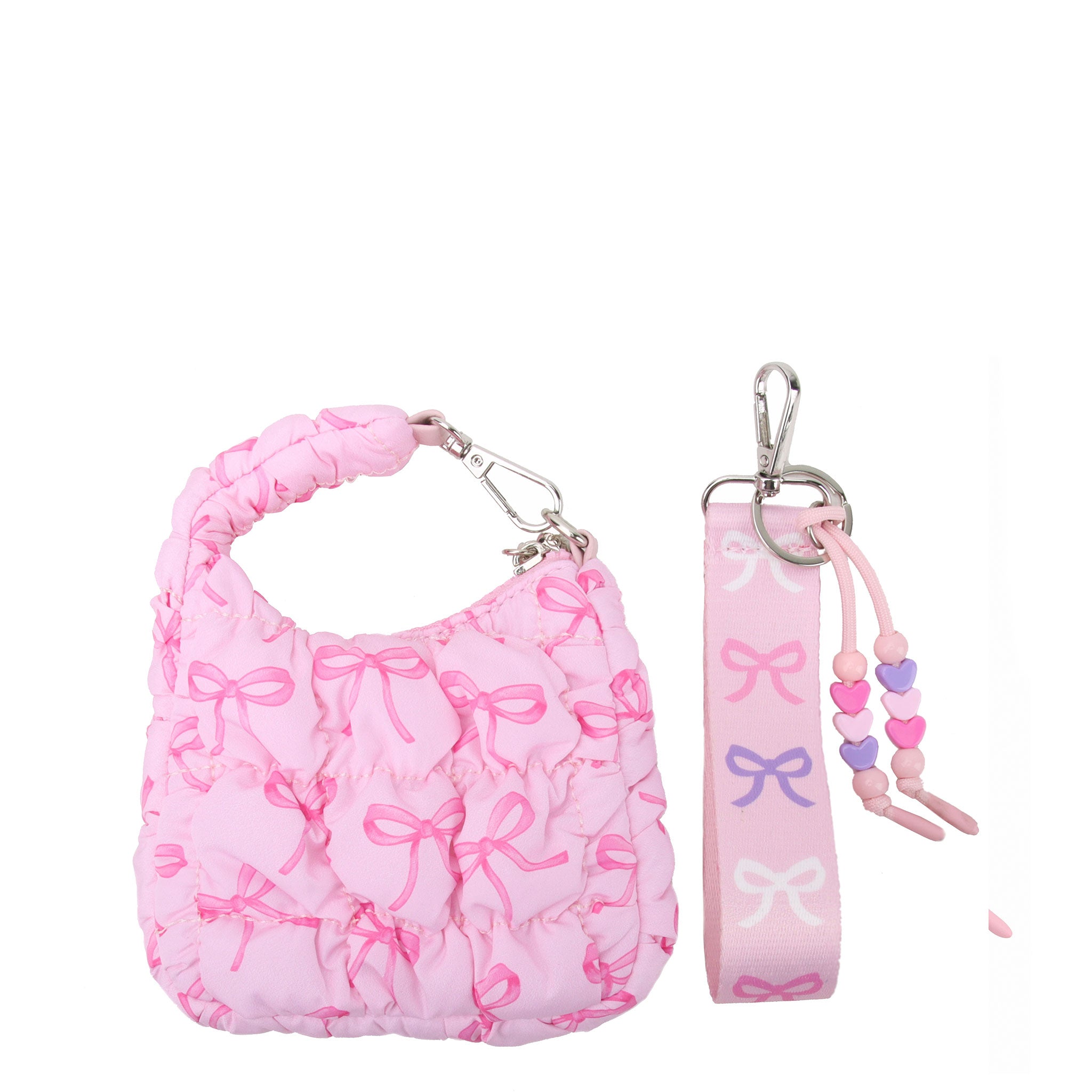 Pink bow printed quilted bag charm with detachable wristlet strap