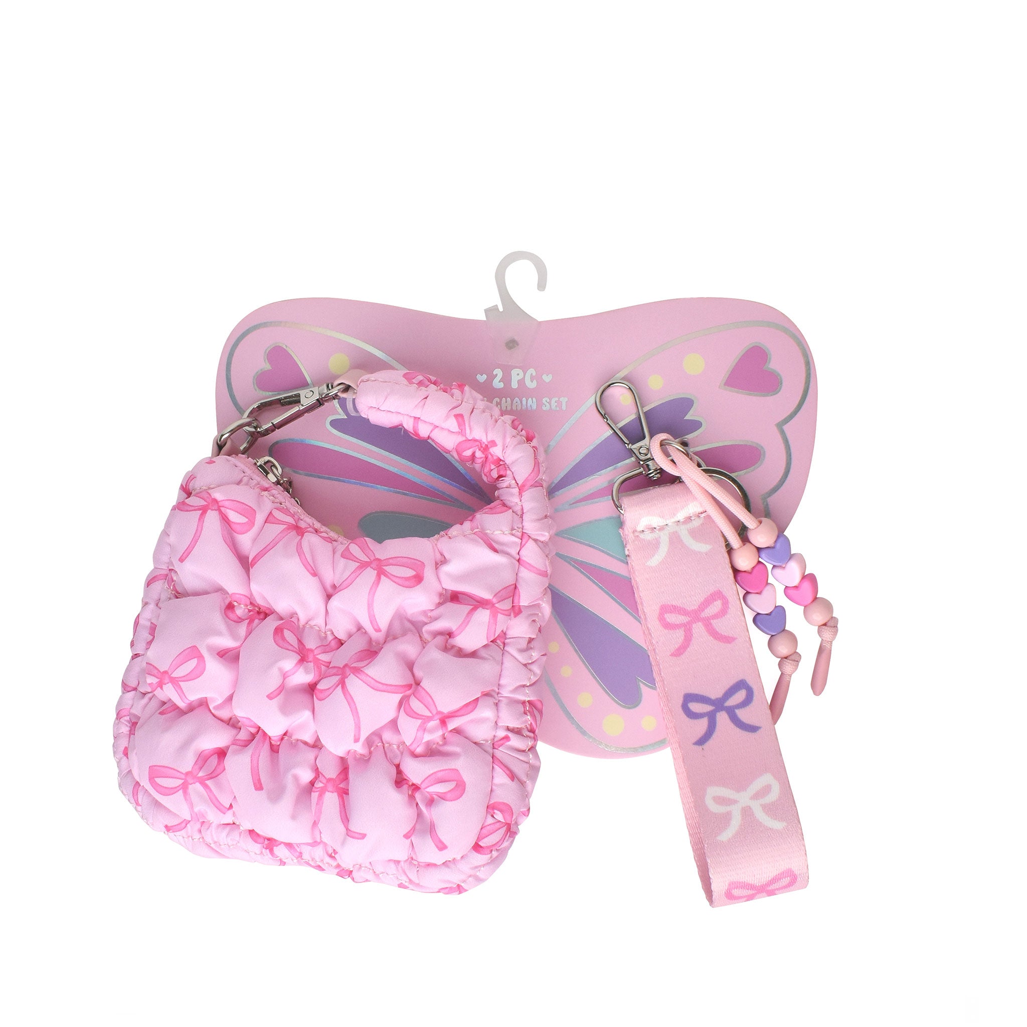 Pink bow printed quilted bag charm with detachable wristlet strap