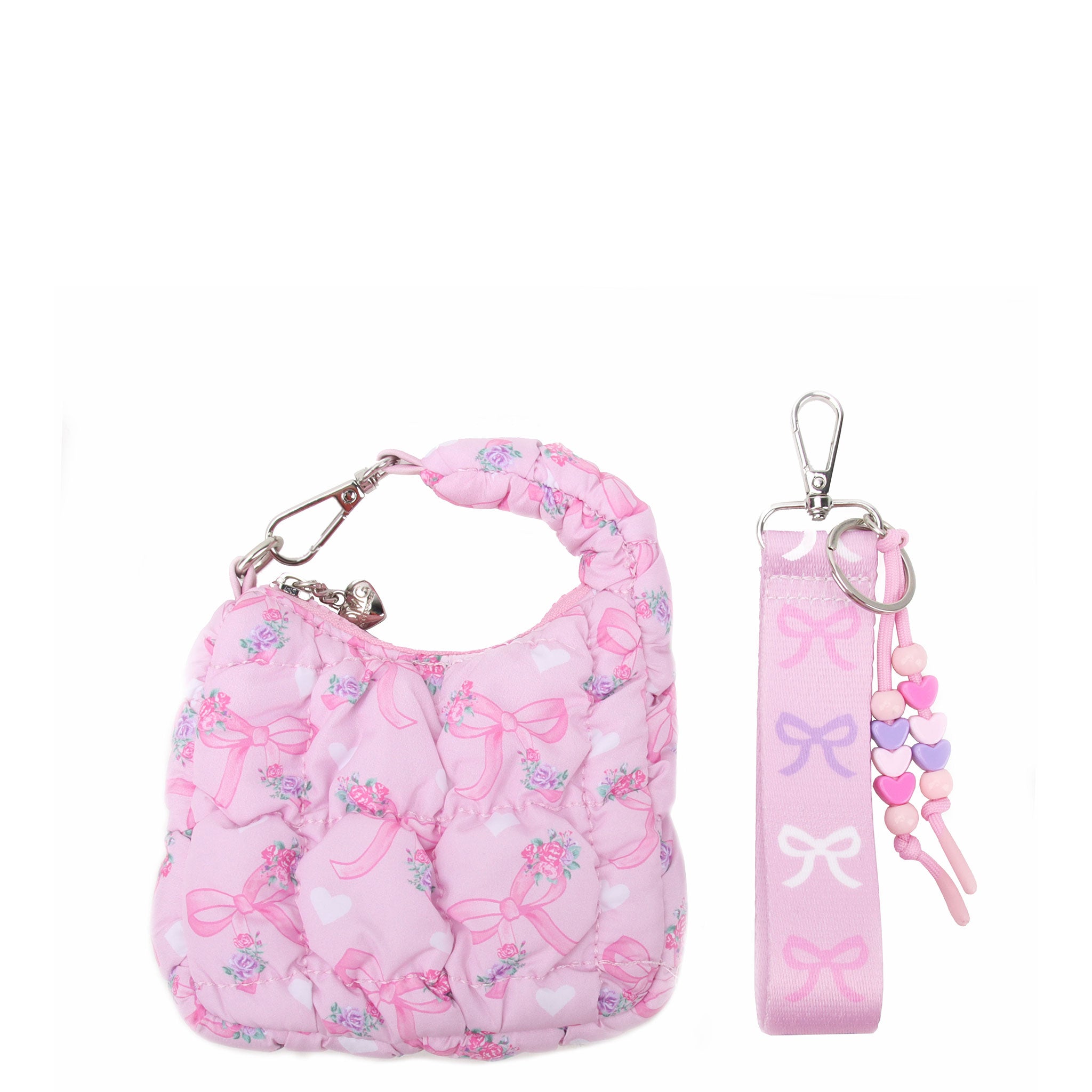 pink quilted bow and floral printed bag charm with detachable wristlet strap
