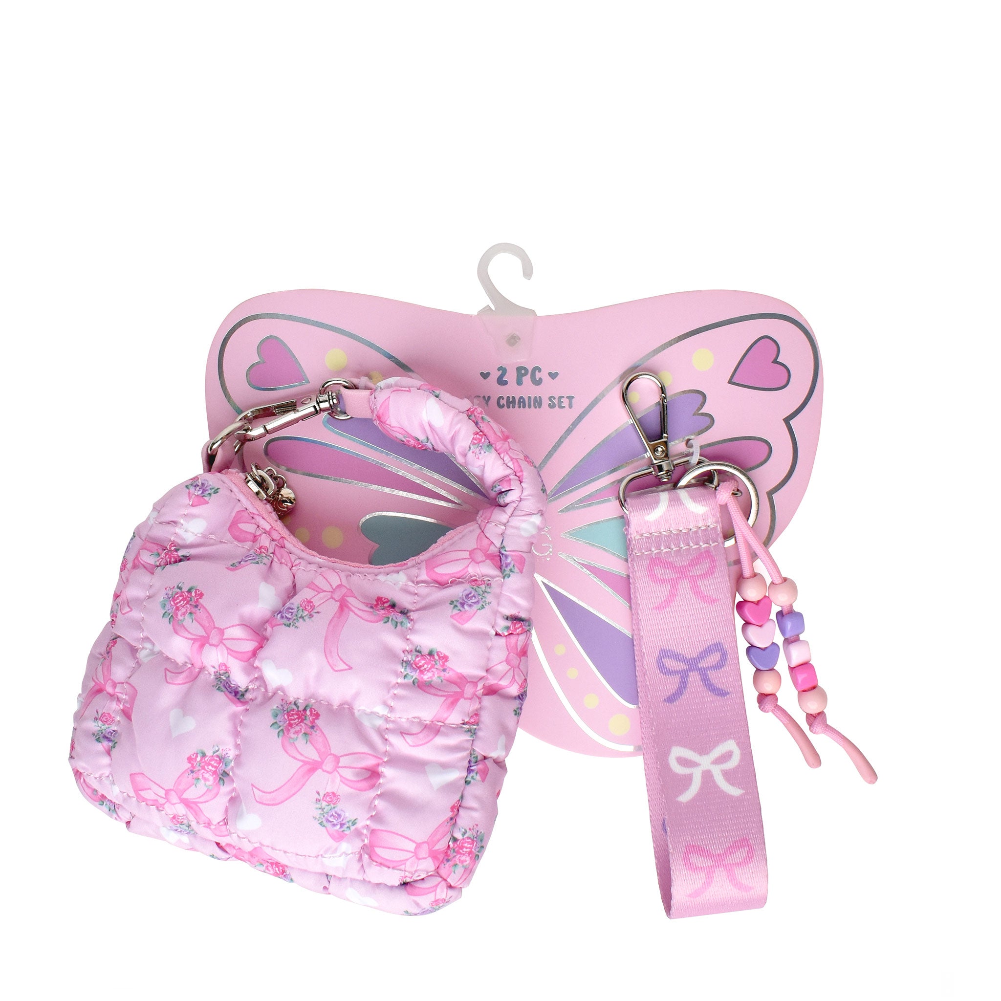 pink quilted bow and floral printed bag charm with detachable wristlet strap