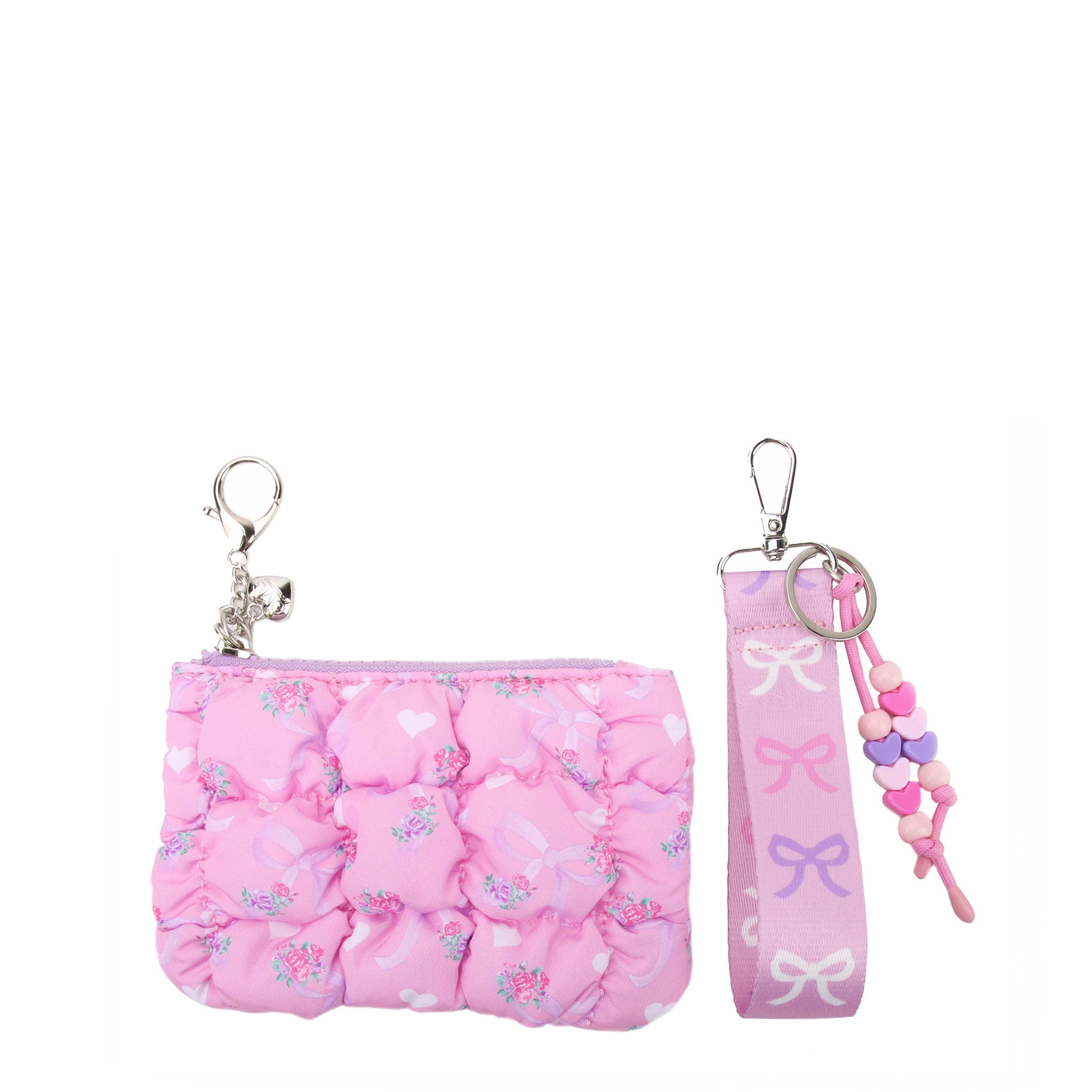 Pink quilted floral and bow printed pouch shaped bag charm with a detachable wristlet strap