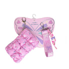 Pink quilted floral and bow printed pouch shaped bag charm with a detachable wristlet strap