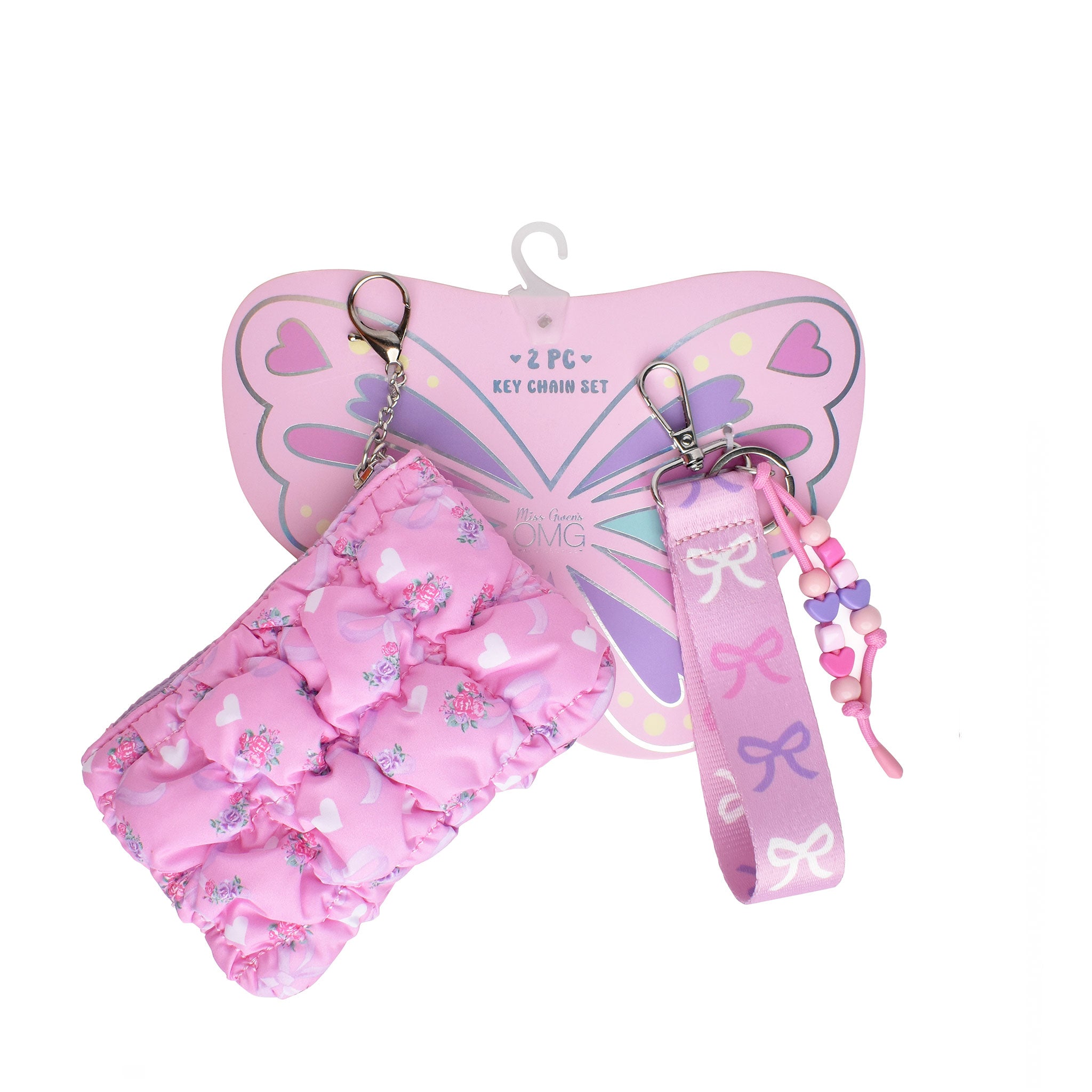 Pink quilted floral and bow printed pouch shaped bag charm with a detachable wristlet strap