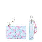 blue quilted bow and floral printed bag charm with a detachable wristlet strap