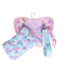 blue quilted bow and floral printed bag charm with a detachable wristlet strap