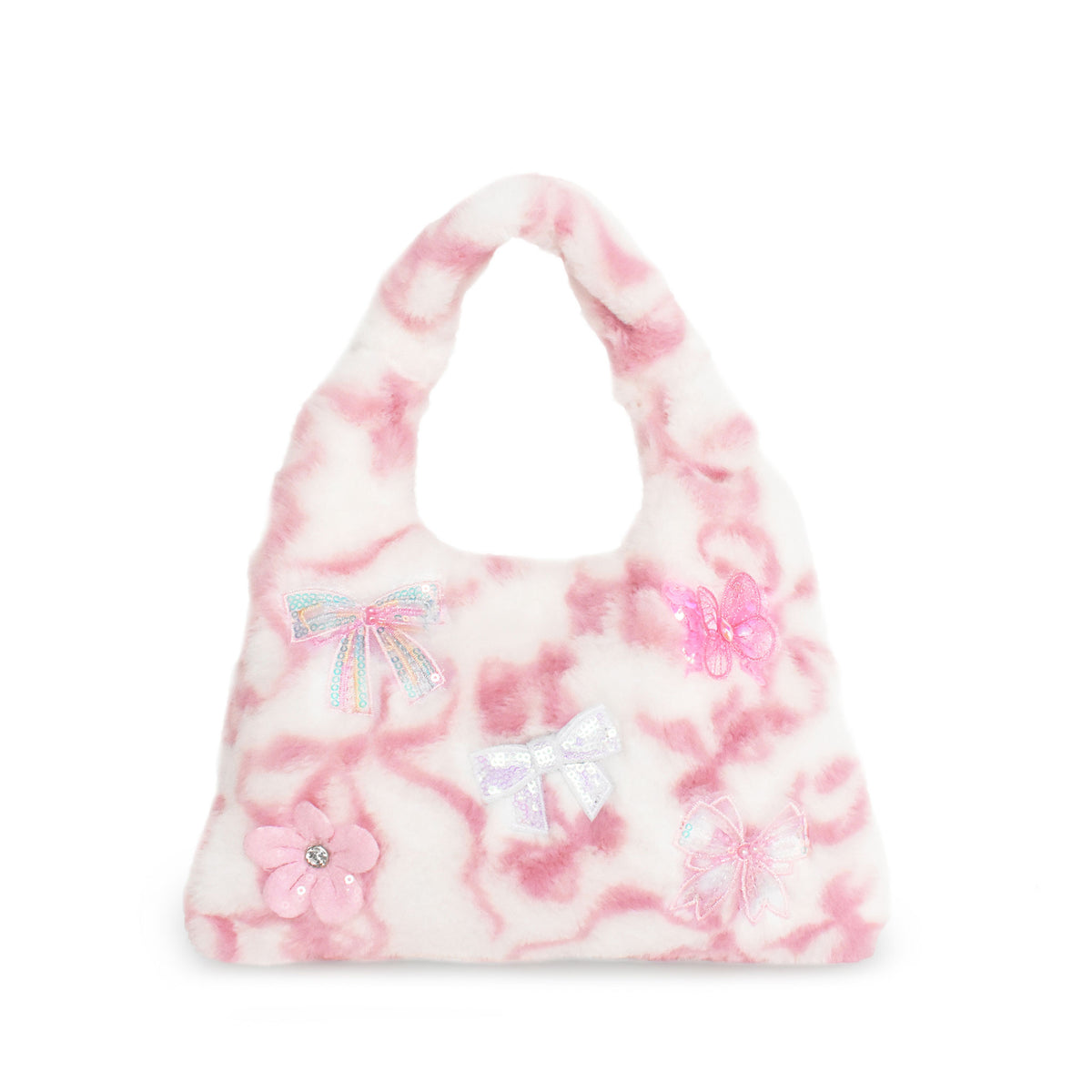 A plush, fuzzy handbag in a pink and white marbled pattern, decorated with various bows and a flower applique in shades of pink and iridescent.