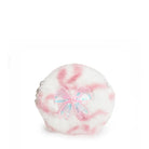 A plush, fuzzy round coin purse in a pink and white marbled pattern, decorated with a bow 