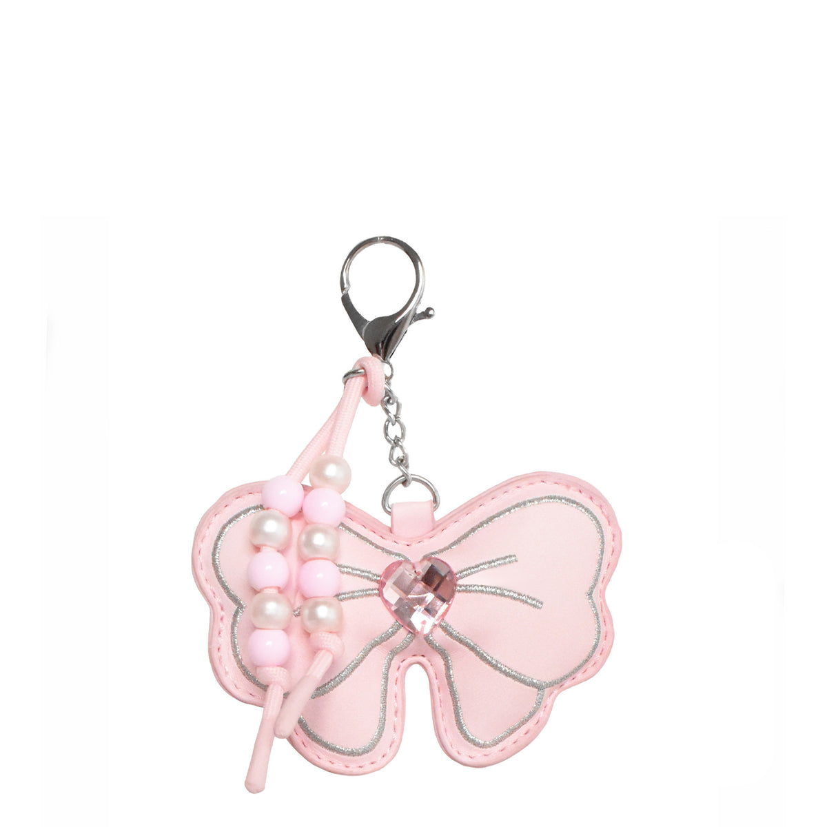 A pink bow-shaped keychain charm with silver-tone metal hardware, decorative pink and white faux pearls, and a central faceted pink rhinestone on a plain white background.