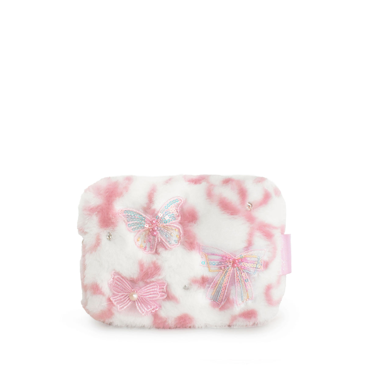 A plush, fuzzy pouch in a pink and white marbled pattern, decorated with various bows 