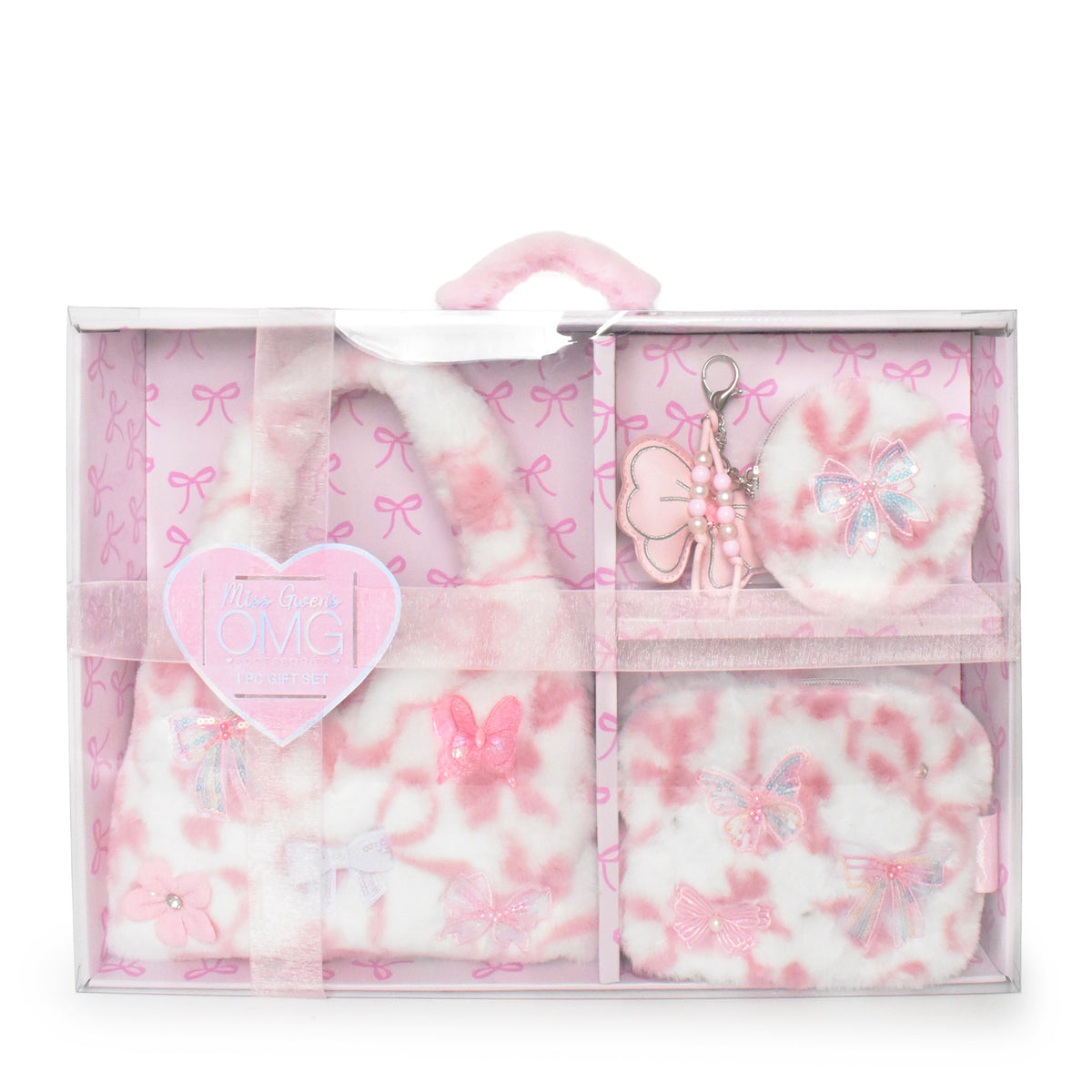 A pink and white plush gift set in a clear plastic case with a handle, featuring a fuzzy hobobag, matching pouch, and keychain accessories decorated with bows and butterfly motifs.
