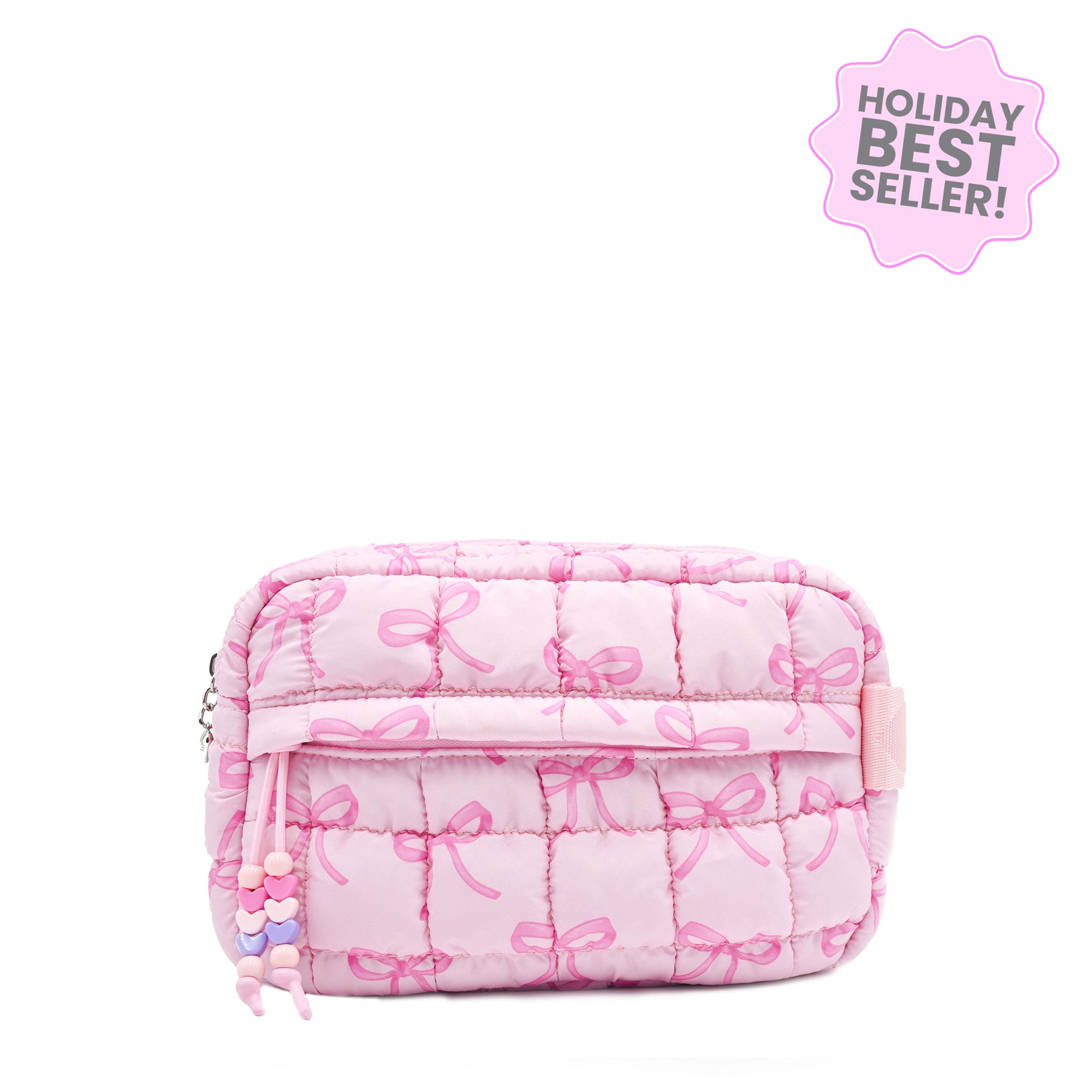 front facing view of a pink quilted nylon pouch with a front beaded zipper pocket and pink bow printed pattern