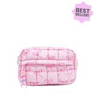 front facing view of a pink quilted nylon pouch with a front beaded zipper pocket and pink bow printed pattern