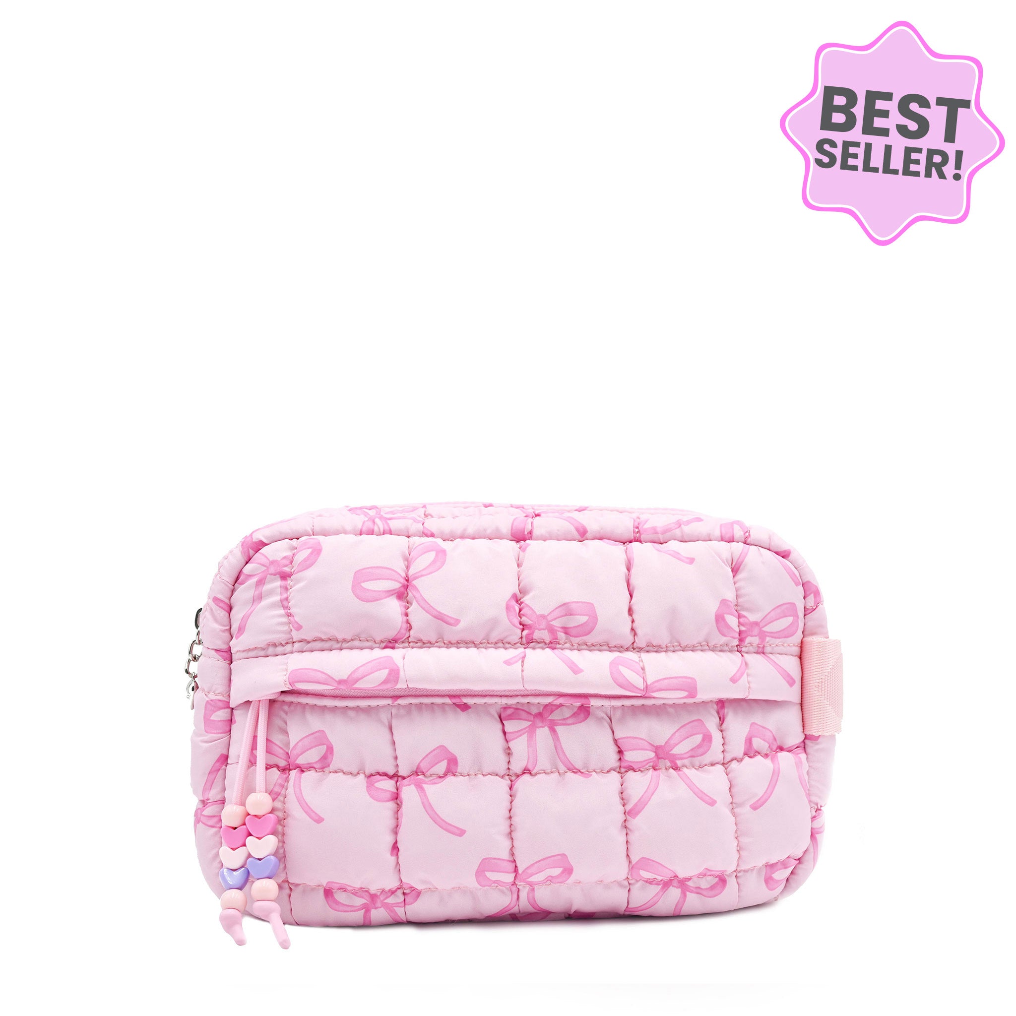 front facing view of a pink quilted nylon pouch with a front beaded zipper pocket and pink bow printed pattern