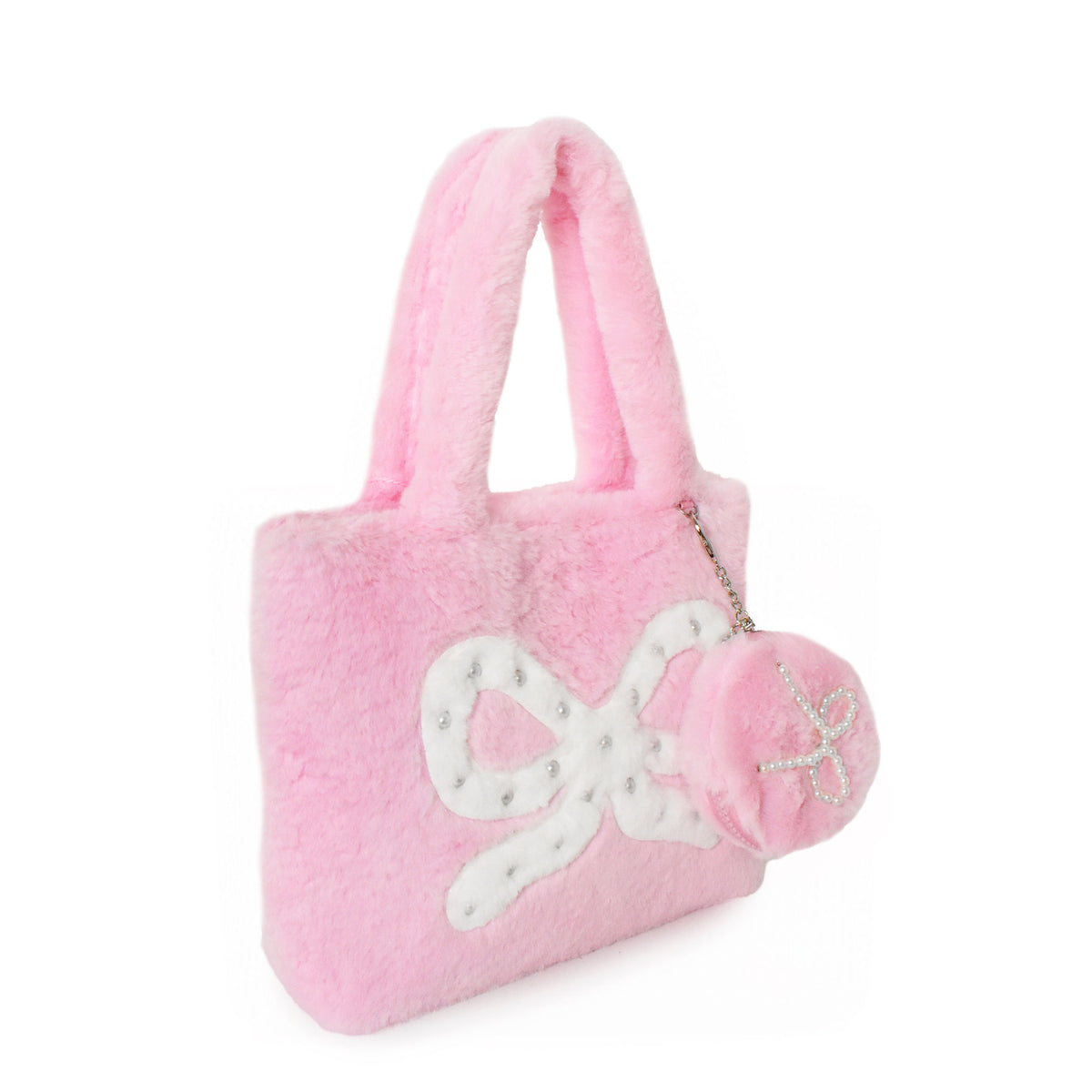 A pink plush tote bag with a white bow applique and a matching pink pom-pom charm featuring a pearlized star, shown on a plain white background.