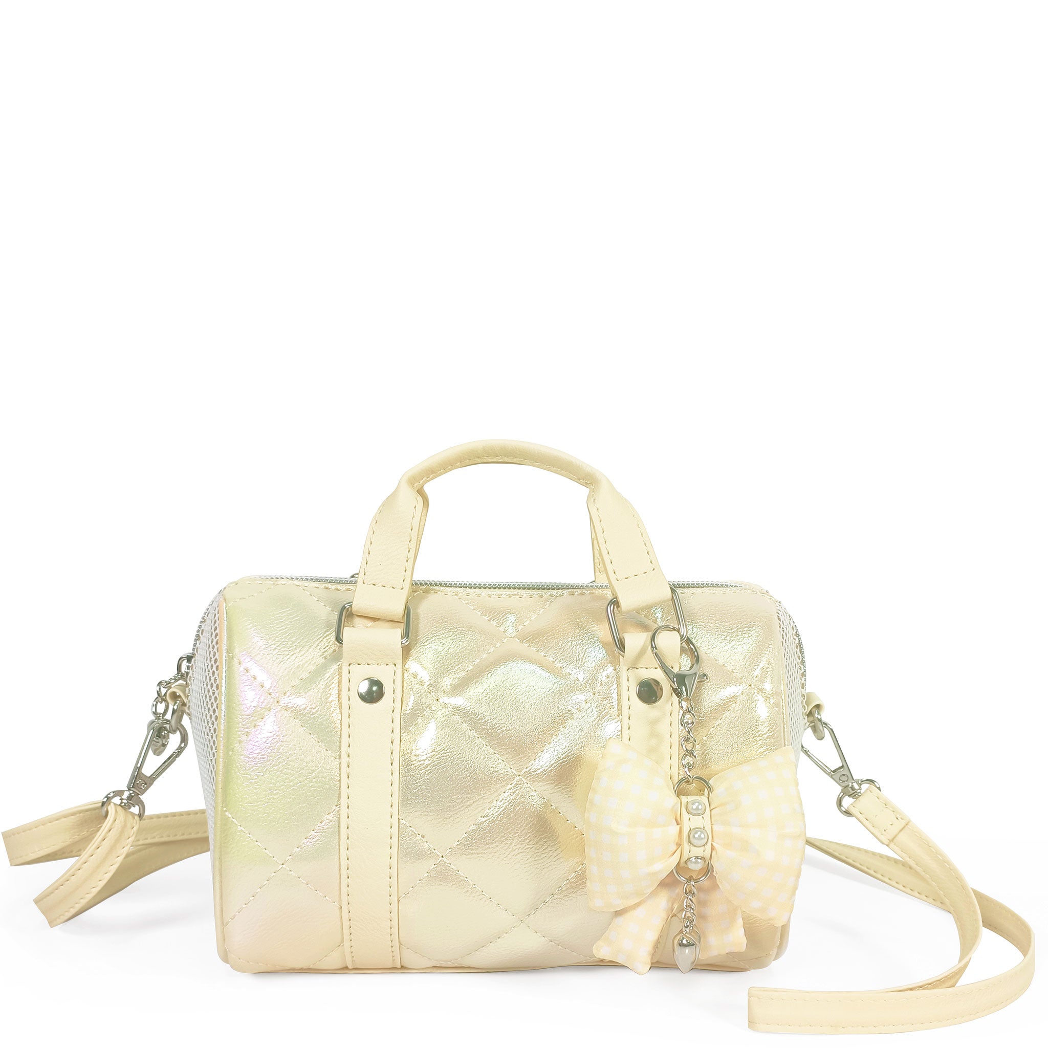yellow metallic quilted satchel handbag with a bow
