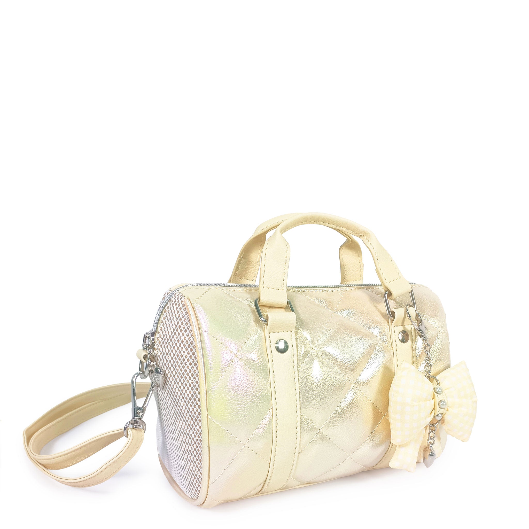 side view yellow metallic quilted satchel handbag with a bow