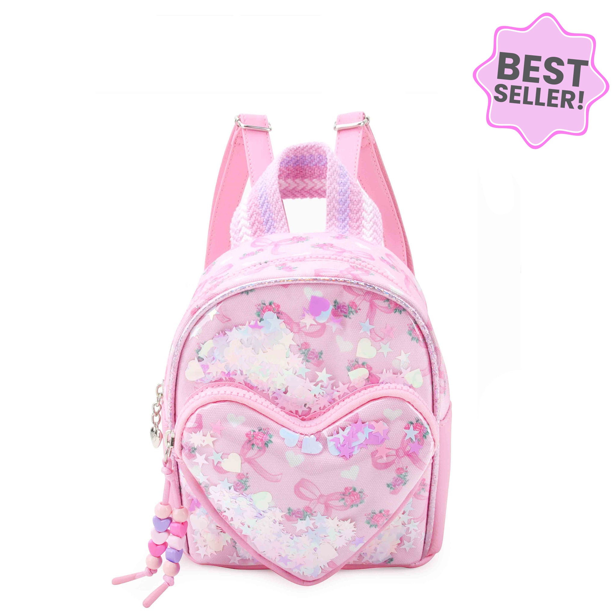 Pink backpack with floral patterns on a white background, labeled as a best seller.