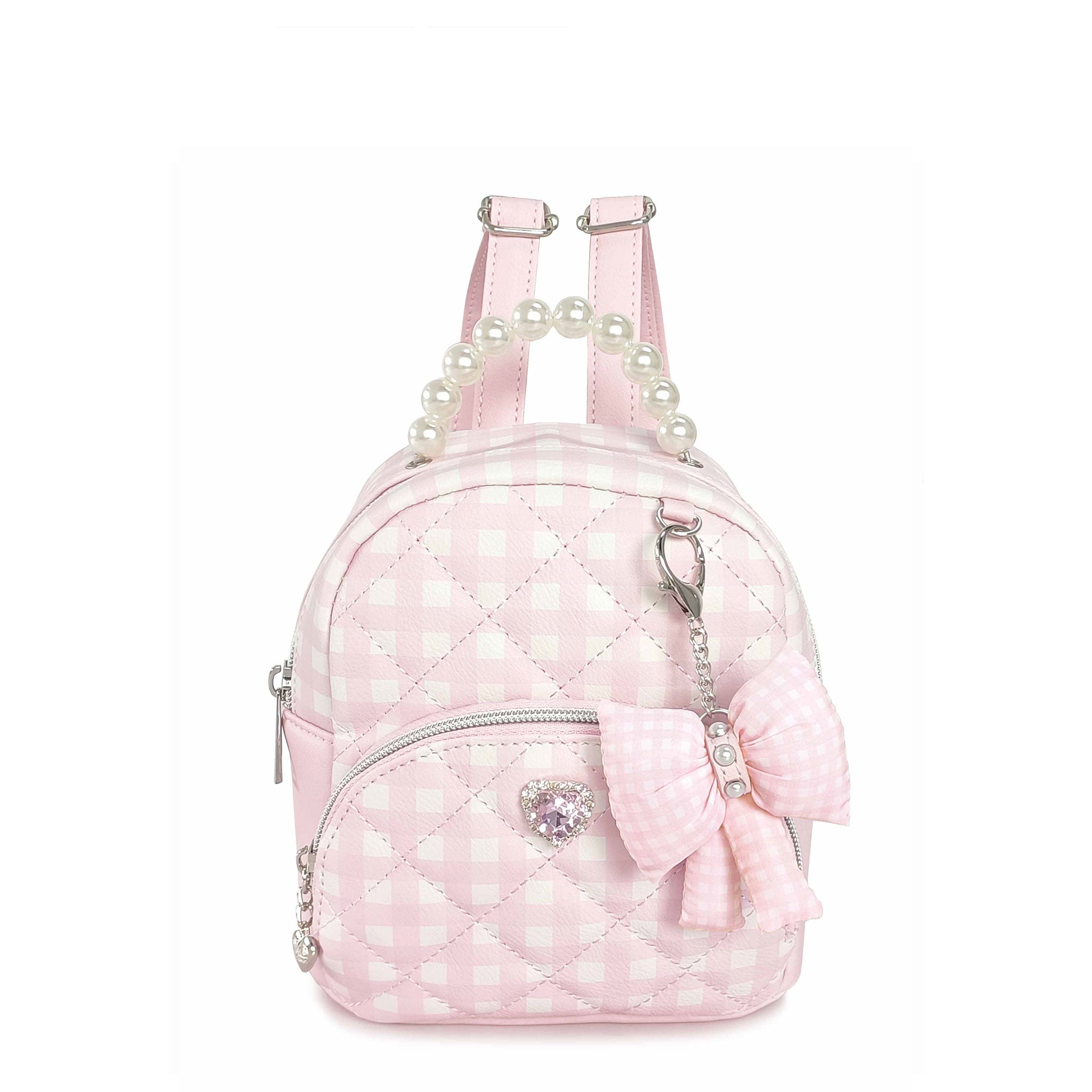 Pink quilted gingham backpack with bow and heart detail 