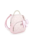side view of a Pink quilted gingham backpack with bow and heart detail 