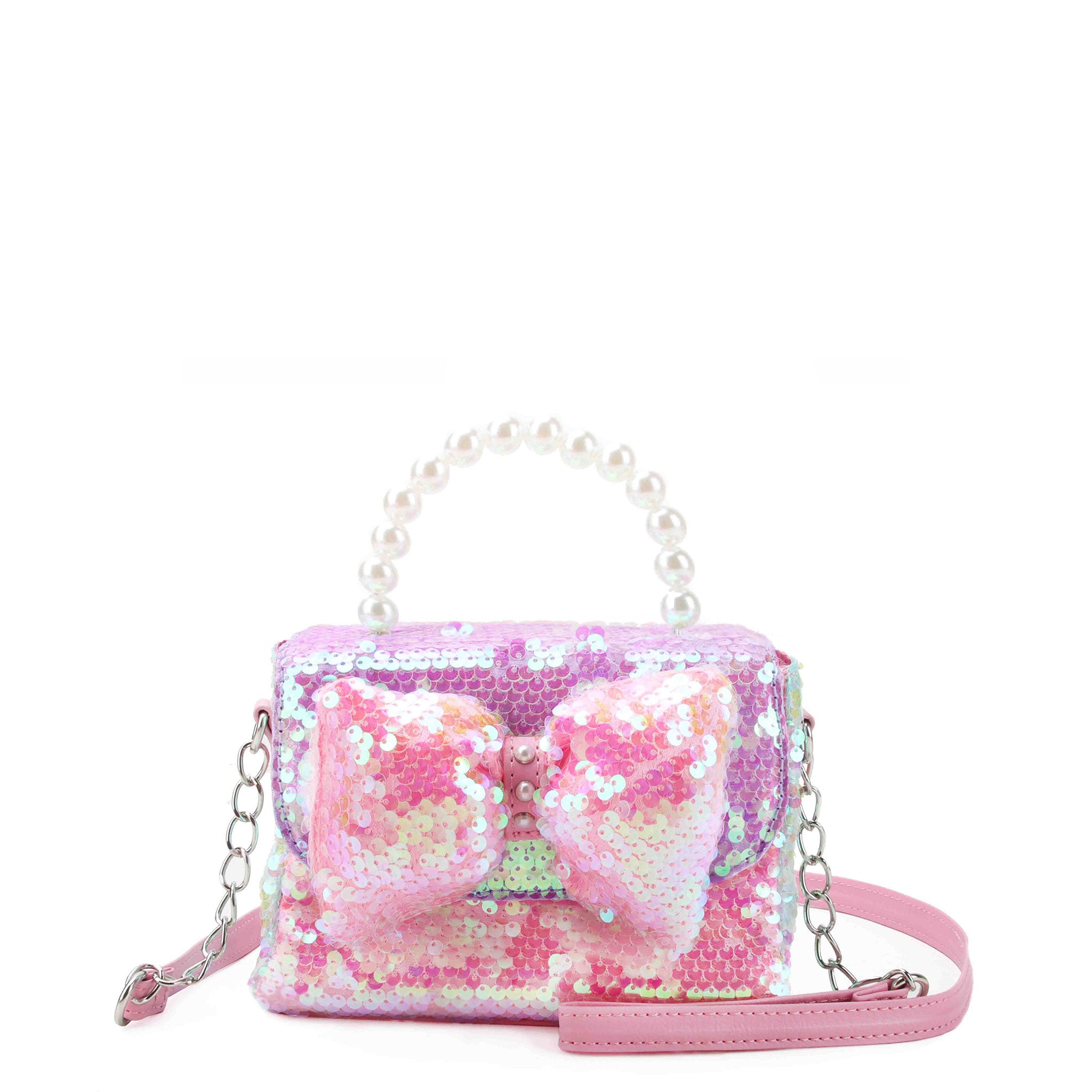Color blocked sequin bow front flap crossbody bag with pearl top handle and adjustable crossbody strap