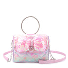 front view of a sequin & metallic bow printed flap front bag. topped with a rhinestone ring top handle & pearl & gem heart front closure