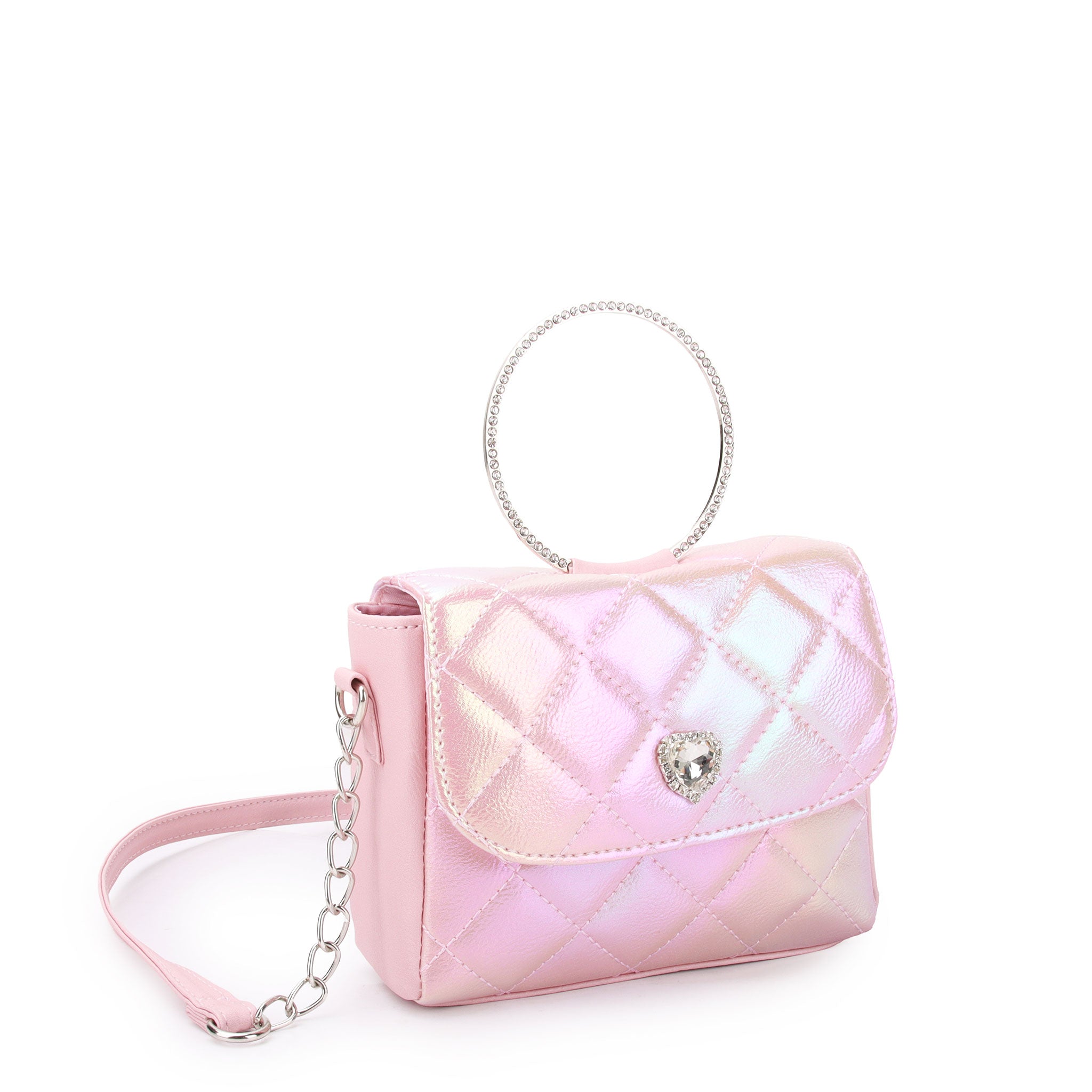 Pink quilted handbag with a chain strap on a white background