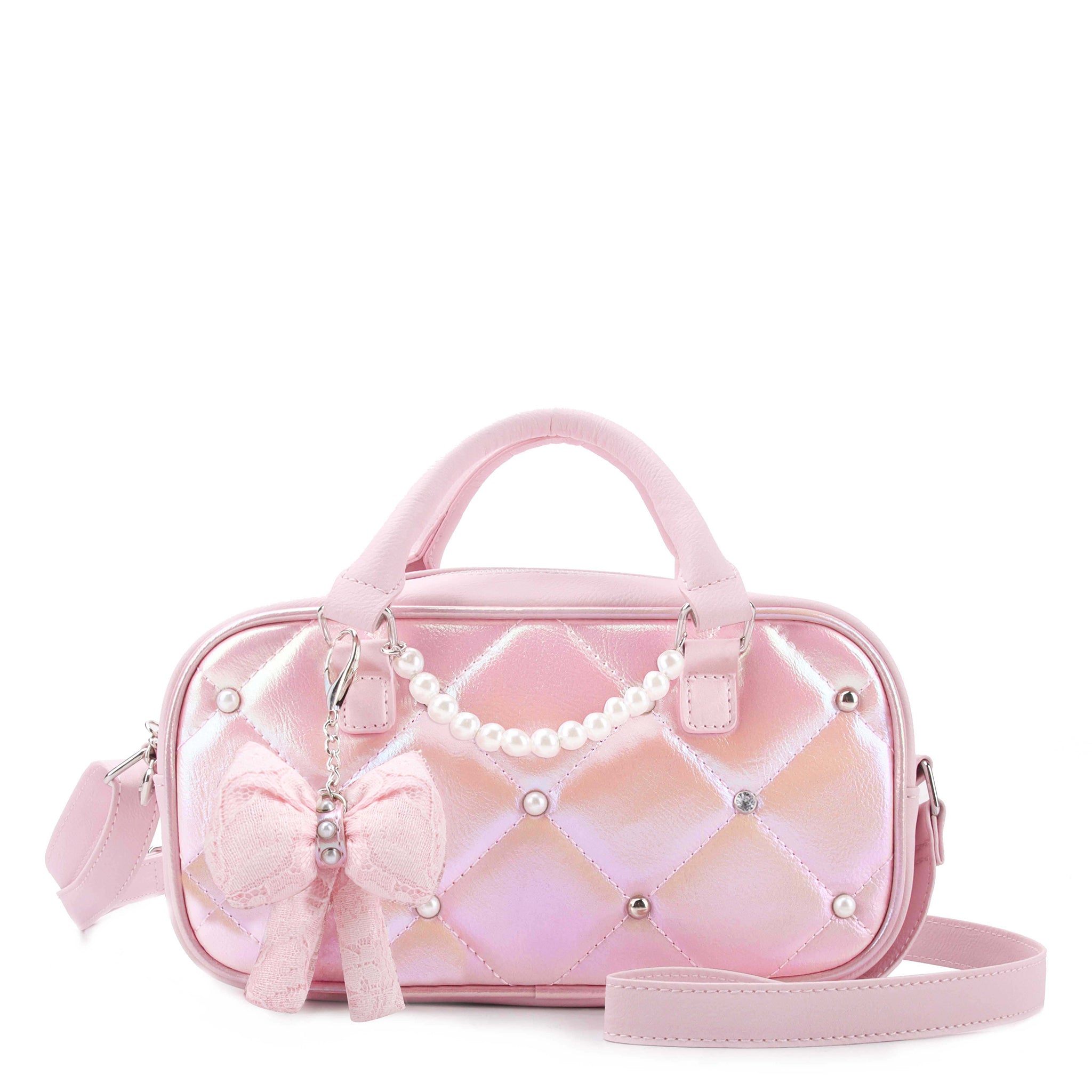 Front view photo of a pink metallic rhinestone and pearl quilted  mini rectangle bag with adjustable straps, a pink lace bow bag charm, and a pearl chain