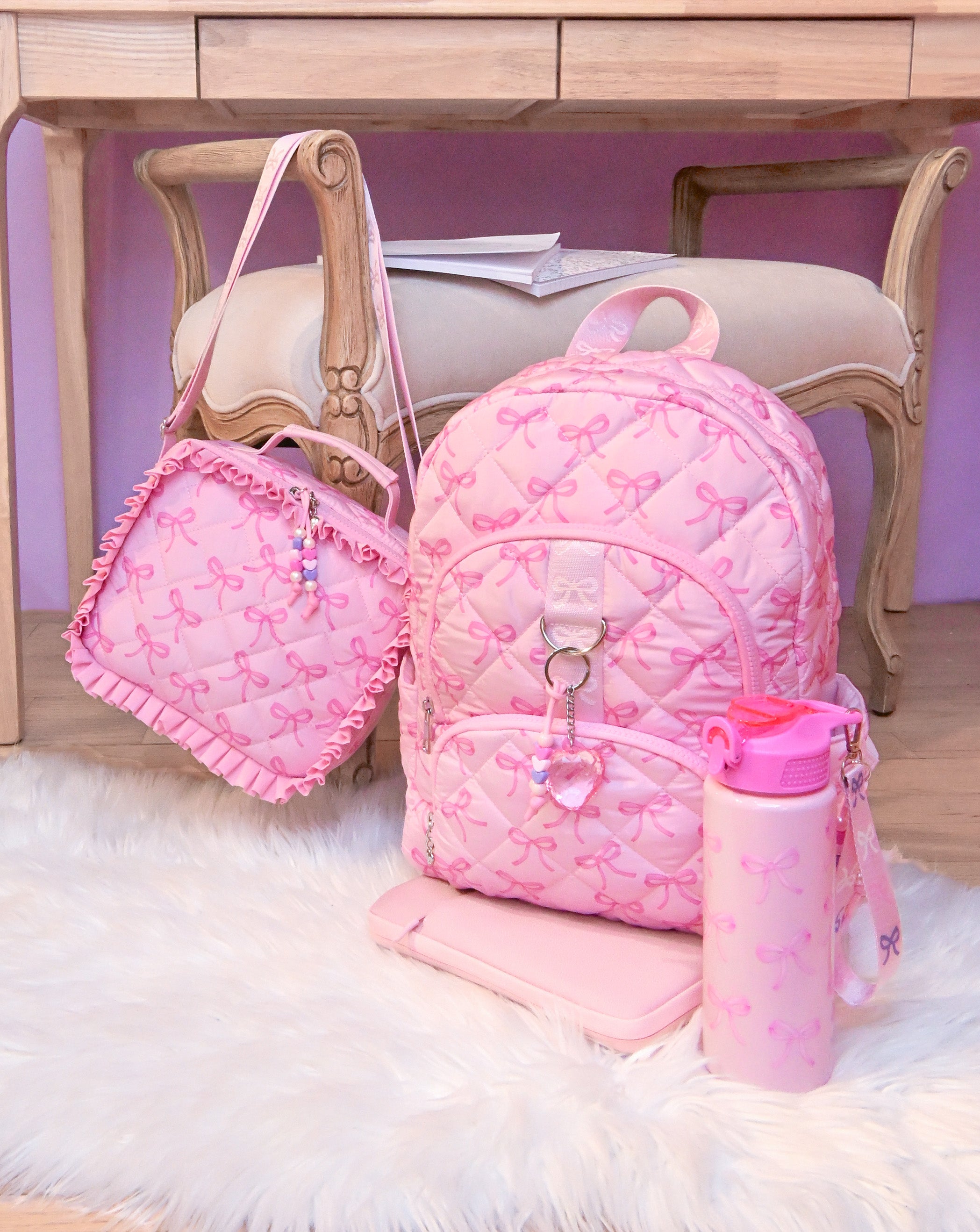 Bow Printed Quilted Large Backpack with Charm