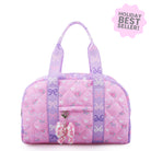 front view of a pink & purple color blocked floral & bow print medium duffle bag. Sequin bow charm included 